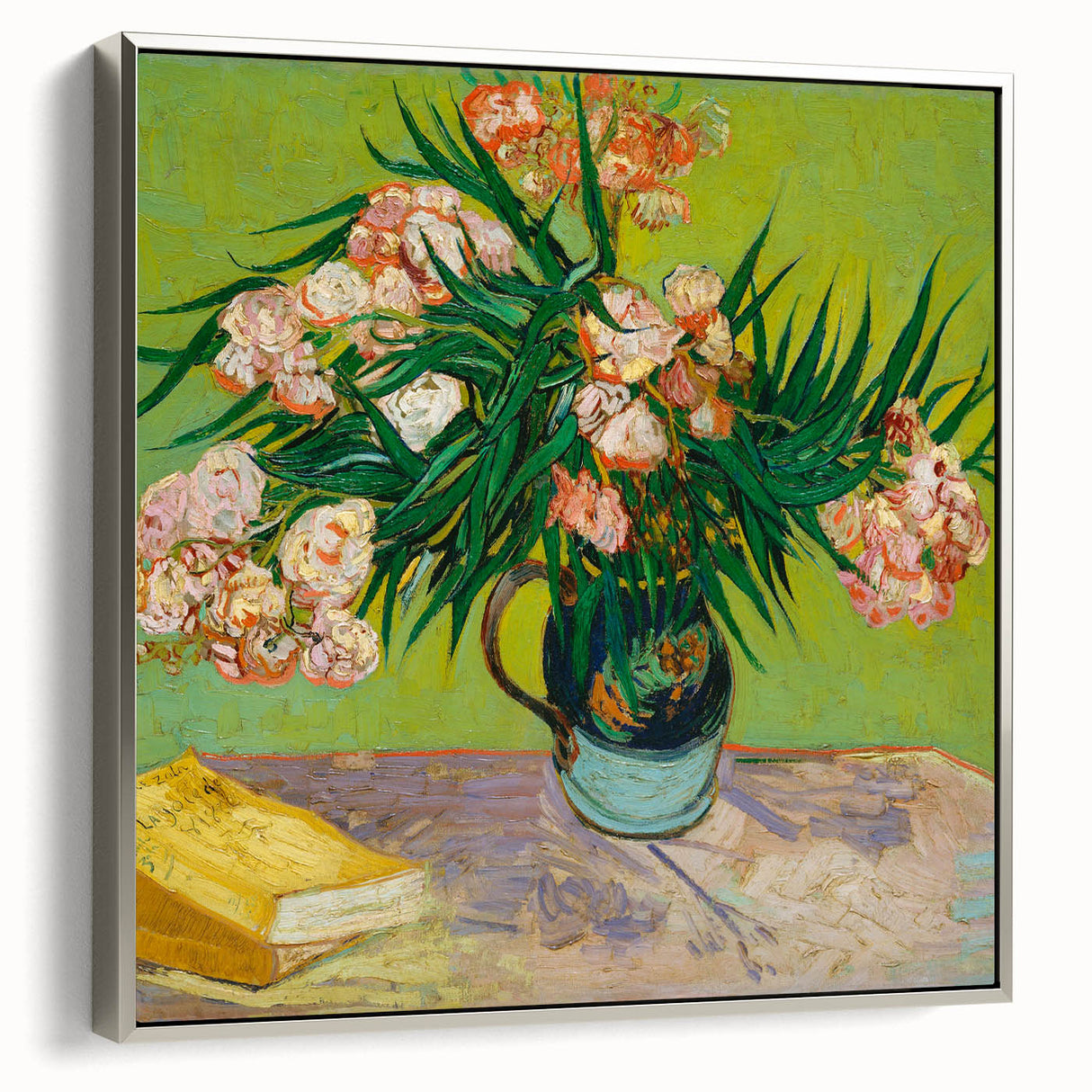 Landscape art painting featuring a colorful, impressionist style rural scene on a silver-framed canvas.
