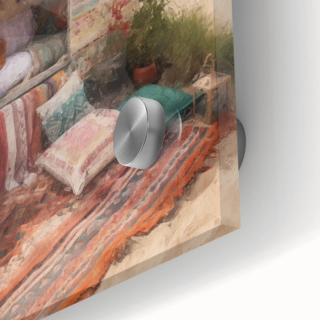 Large abstract wall art featuring a caravan of vehicles in muted earth tones on acrylic glass.