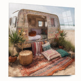 Mid-century modernist large abstract wall art featuring a caravan in muted earth tones on acrylic glass.