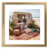 Extra large abstract art print featuring a textured caravan design in gold tones, framed with a mat.