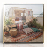 Mid-century modernist caravan depicted in gold and brown tones on a large acrylic framed print.