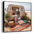 Black and white framed canvas featuring a side view of a vintage caravan, ideal for bedroom landscape art.