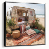 Black and white framed canvas featuring a side view of a vintage caravan, ideal for bedroom landscape art.