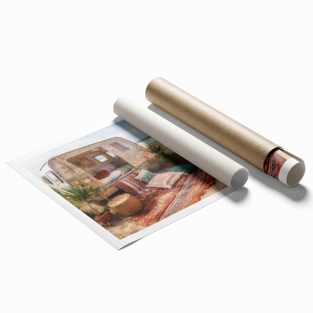 Extra large rolled print featuring a caravan of vehicles in muted earth tones, ideal for classy bathroom wall art.