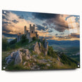 Acrylic glass artwork showcasing a detailed castle landscape design viewed from the side, secured with pins. Perfect for adding elegance to home décor.