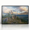 Framed acrylic artwork showcasing a detailed landscape of a majestic castle, featuring rich colors and intricate designs, ideal for home decor and art enthusiasts.