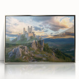 Framed acrylic artwork showcasing a stunning landscape of a medieval castle, elegantly displayed in a sleek silver frame, perfect for home decor or office enhancement.