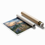 Rolled print showcasing a vibrant landscape with a majestic castle set against a picturesque backdrop, designed for home decor enthusiasts. The artwork features rich colors and intricate details, perfect for adding elegance to any room or office space.