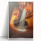 Framed acrylic artwork showcasing a stunning landscape with intricate cave formations, featuring a sleek white frame and vibrant colors, ideal for modern decor.
