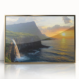 Framed acrylic artwork depicting a stunning landscape of cliffs with vibrant golden hues, perfect for home decor and enhancing interior aesthetics.