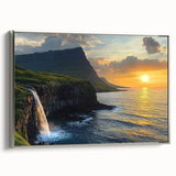 Framed canvas art depicting a stunning cliff landscape with vibrant colors, showcasing intricate details and textures, enhanced by a sleek silver frame.
