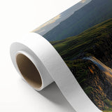 Vibrant rolled canvas artwork depicting a stunning cliff landscape under a clear blue sky, showcasing intricate details and rich colors, ideal for home decor.