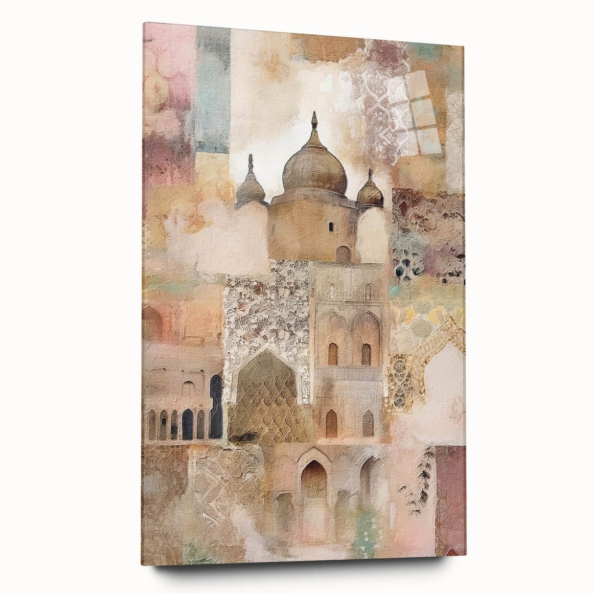 Abstract architectural wall art displayed in a sleek acrylic glass frame, showcasing geometric patterns and vibrant colors, ideal for modern home decor.