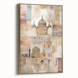 Framed abstract architecture wall art showcasing geometric shapes in gold and white tones, designed to enhance modern home decor. Ideal for contemporary interiors.