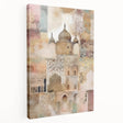 Abstract architecture wall art design on stretched canvas, showcasing geometric shapes and vibrant colors, perfect for modern home decor. Side view highlights the canvas depth and quality.