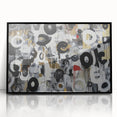 Abstract geometric framed acrylic artwork in black, showcasing modern design elements. The piece features intricate shapes and lines, perfect for contemporary decor.