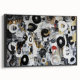 Framed abstract geometric canvas artwork showcasing a modern black design, viewed from the side, ideal for contemporary home decor and wall styling.