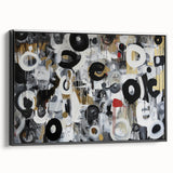 Framed abstract geometric canvas artwork showcasing a modern black design, viewed from the side, ideal for contemporary home decor and wall styling.