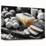 Large abstract wall art featuring an array of colorful food dishes on acrylic glass, ideal for bedroom or dining room decor.