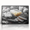 Large abstract wall art featuring assorted food dishes in muted earth tones on framed acrylic, ideal for dining room decor.