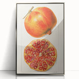 Mid-century modernist art featuring an array of fruits in vibrant colors on a silver-framed acrylic.