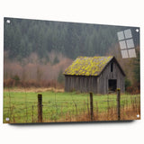 Acrylic glass landscape art featuring a detailed barn design with vibrant colors, showcased from a side view and secured with decorative pins, perfect for home decor.