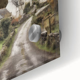 Close-up of vibrant landscape wall art showcasing a serene countryside scene, printed on acrylic glass with rich colors and fine details, perfect for home decor.