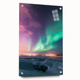 Acrylic glass artwork displaying a vibrant countryside landscape design, featuring lush green fields and rolling hills, showcased from a side view with decorative pins.
