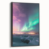 Framed canvas artwork depicting a serene countryside landscape with vibrant greenery and rolling hills, finished with a sleek black frame, ideal for home decor.