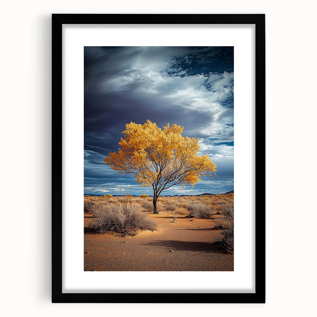 Framed black landscape artwork featuring vibrant fields, encased in a sleek black frame with a white mat, ideal for home decor and interior design enhancement.