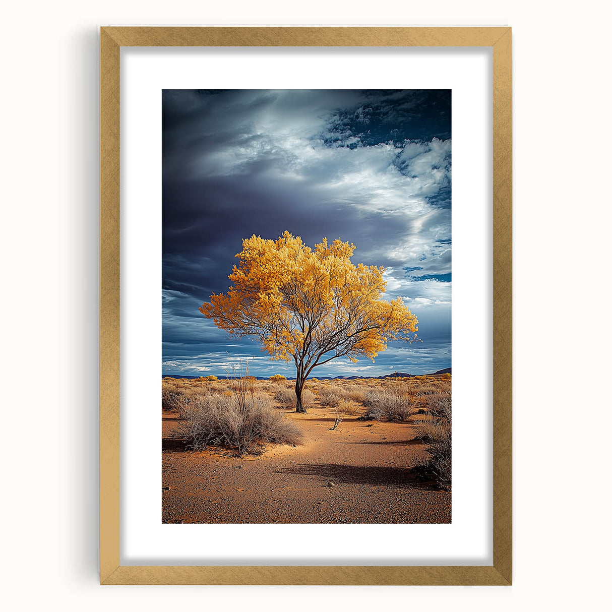 Gold-framed landscape artwork featuring a serene field scene, elegantly matted, showcasing vibrant colors and intricate details in a front view display. Perfect for home decor.