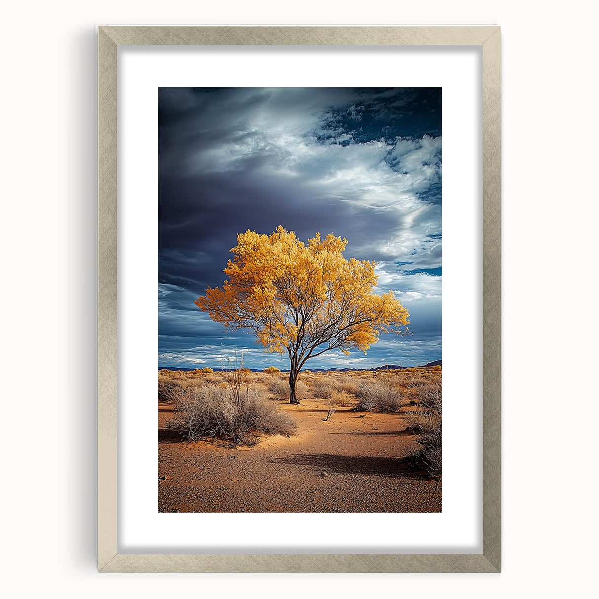 Silver-framed landscape artwork featuring a scenic view of vibrant fields, elegantly matted for a refined presentation, perfect for home decor enhancement.