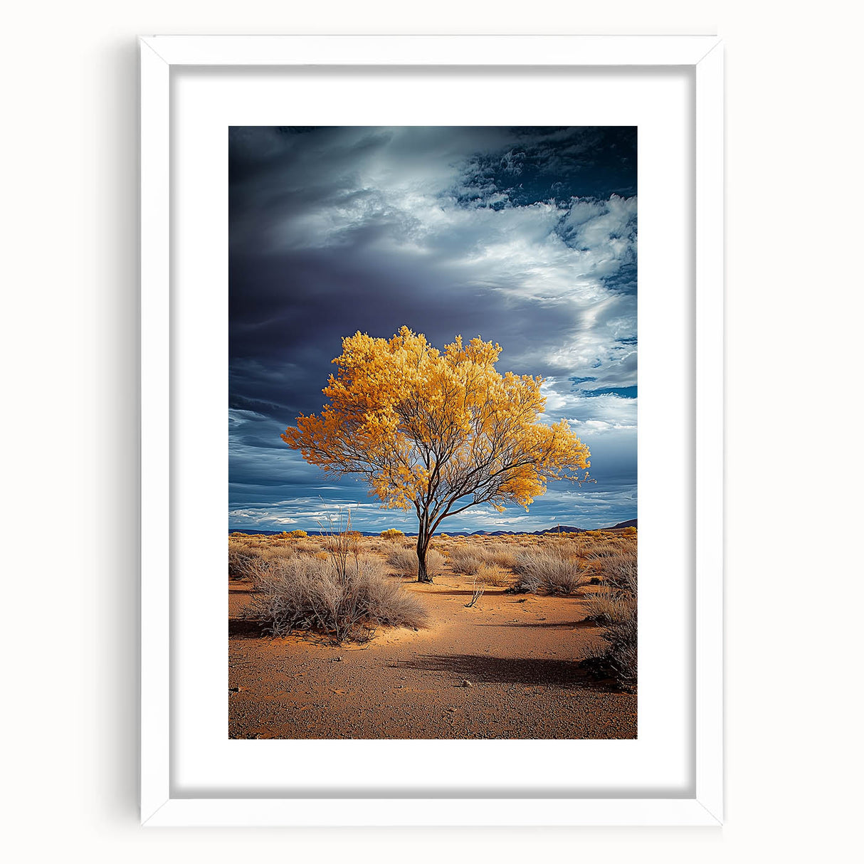 White-framed landscape artwork featuring vibrant green fields and a serene blue sky, elegantly matted for a polished presentation, ideal for home decor.