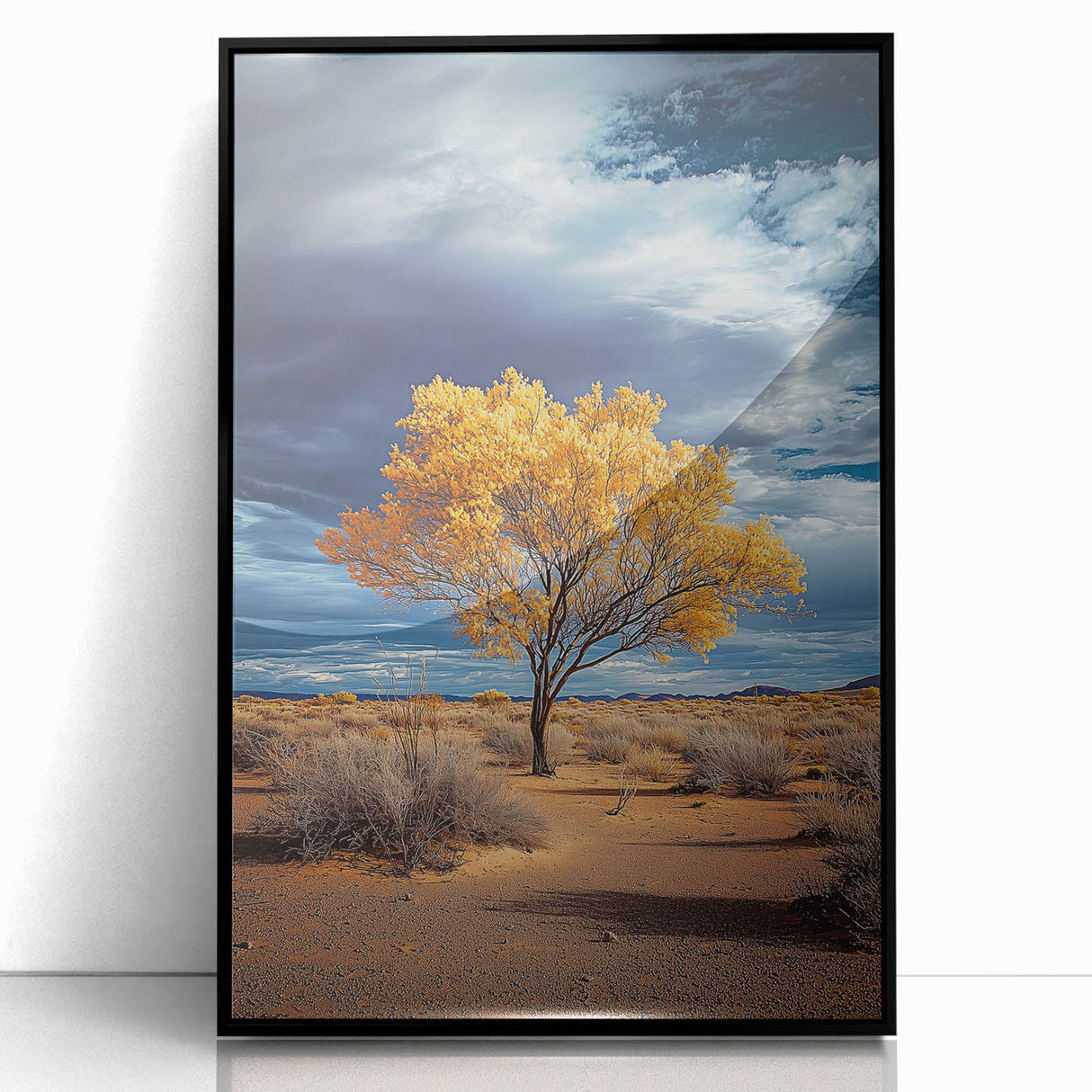 Framed acrylic wall art depicting a serene landscape of rolling fields under a blue sky, featuring a sleek black frame and modern design, ideal for home decor.