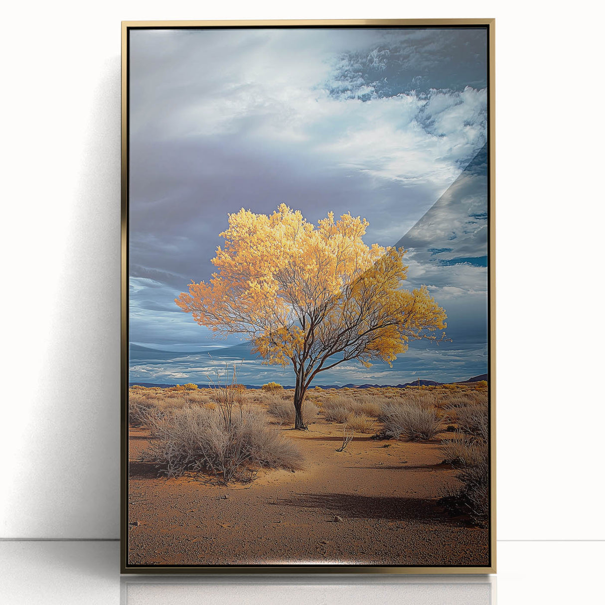 Framed acrylic artwork showcasing a vibrant landscape with golden hues and fields under a bright sky, ideal for modern home decor. Perfect for enhancing living spaces.