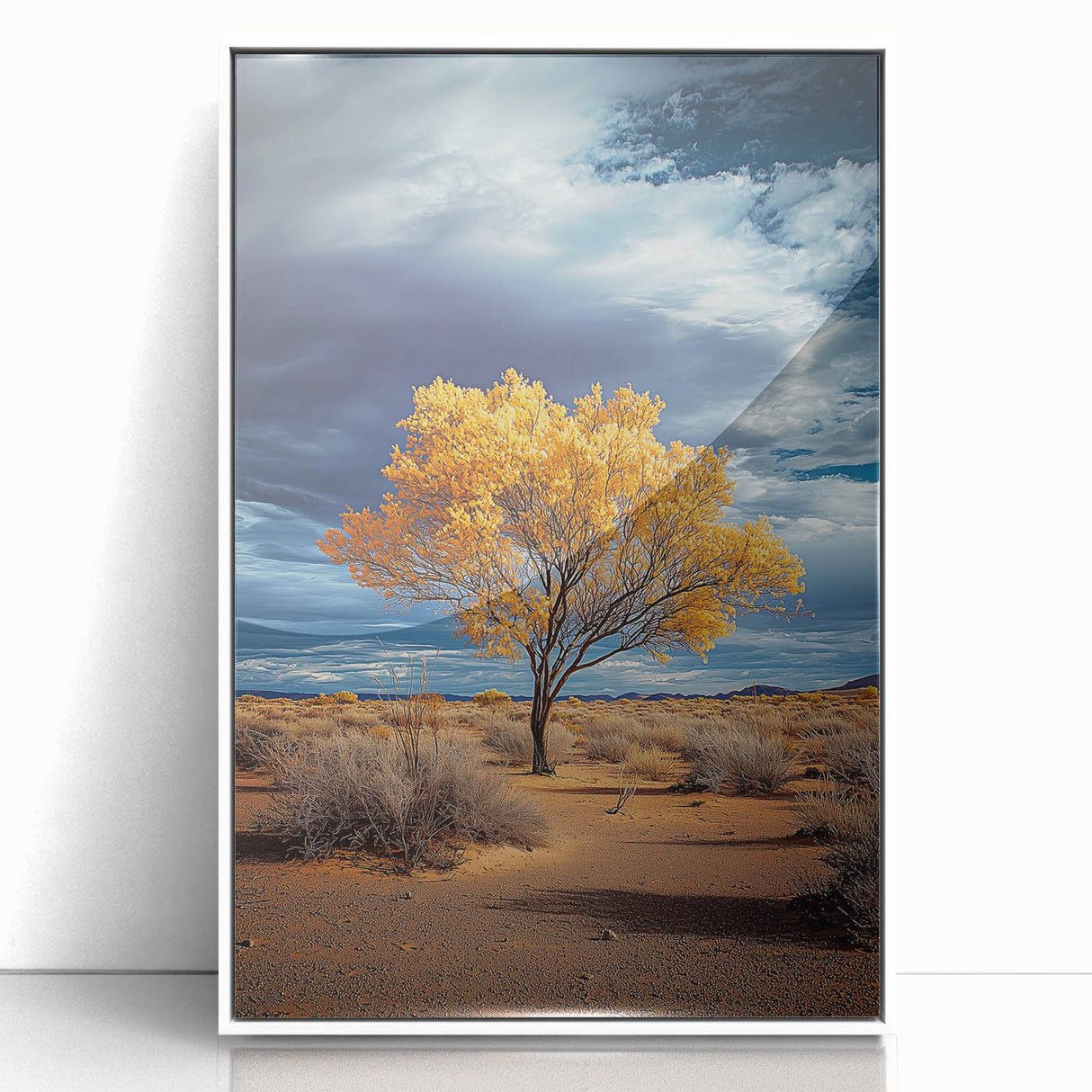 Framed acrylic artwork showcasing a serene landscape with vibrant green fields and a bright blue sky, presented in a sleek white frame, ideal for home decor.