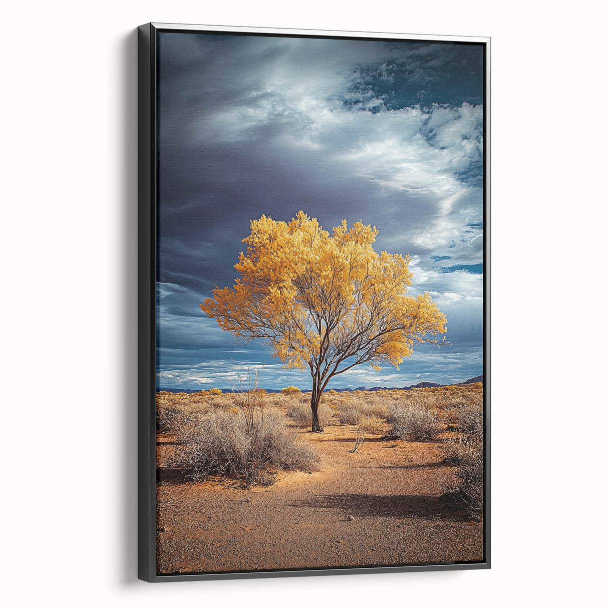 Framed canvas artwork showcasing a vibrant landscape of fields in rich green and gold hues, presented in a sleek black frame, ideal for home decor.