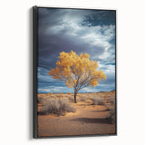 Framed canvas artwork showcasing a vibrant landscape of fields in rich green and gold hues, presented in a sleek black frame, ideal for home decor.