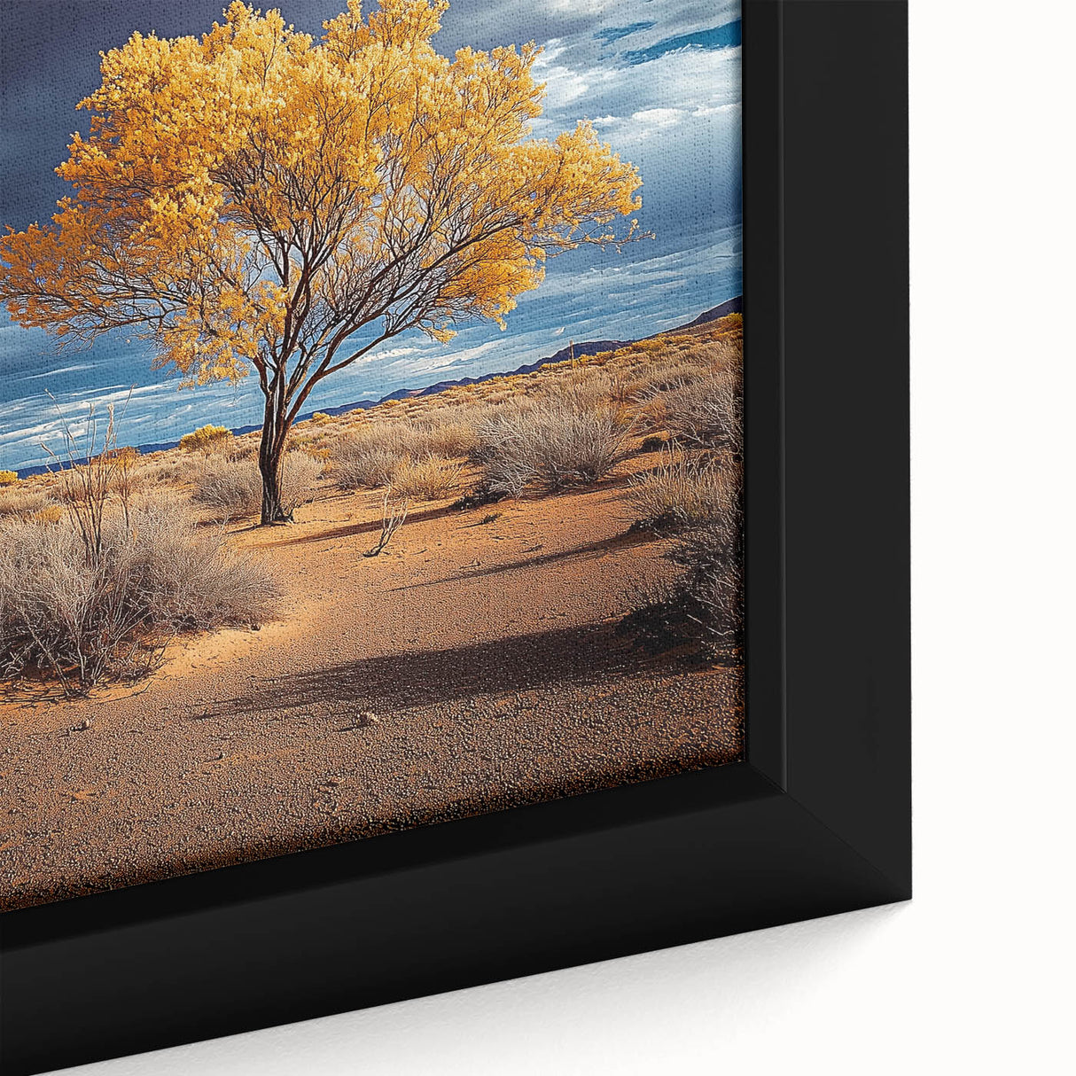 Framed canvas artwork showcasing vibrant green fields under a blue sky, with intricate details of textured brushstrokes, ideal for enhancing home decor.