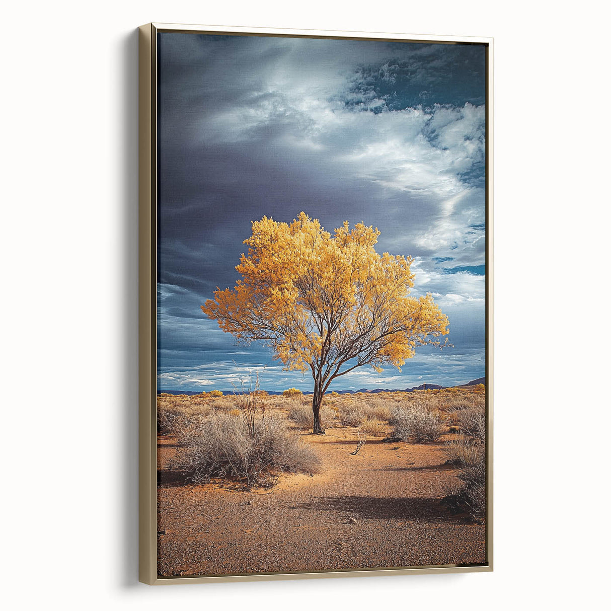 Framed canvas artwork showcasing vibrant landscape fields with golden accents, displayed in a chic frame, perfect for home decor and nature enthusiasts.