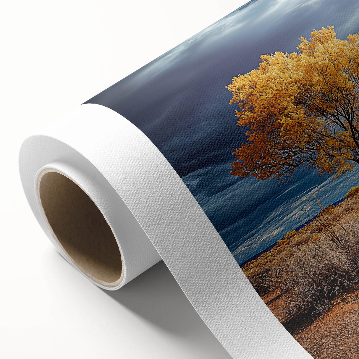 Rolled canvas print showcasing a vibrant landscape design with fields and hills, featuring rich colors and intricate textures, packaged securely for delivery.