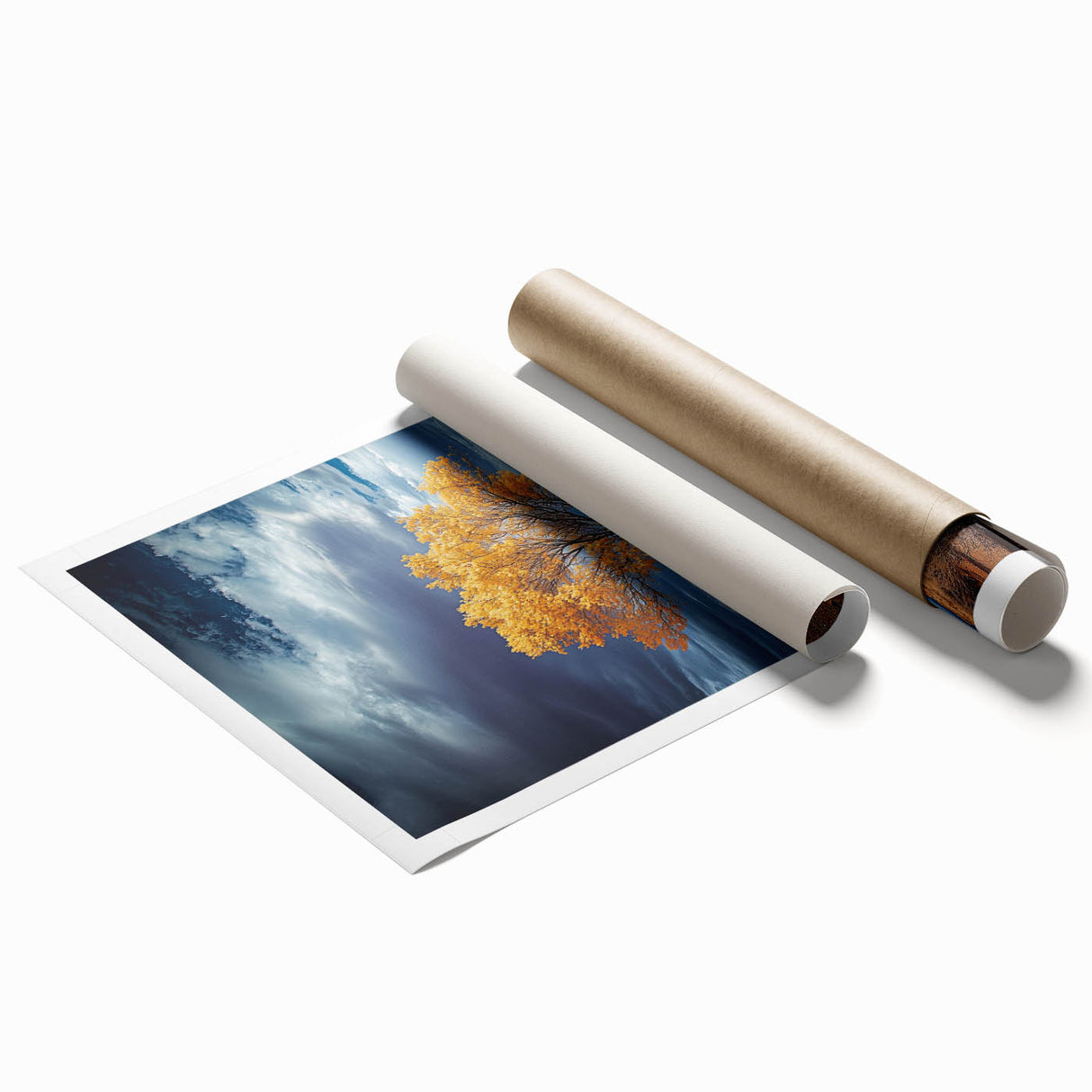 Vibrant landscape print featuring rolling fields in rich green and golden hues, elegantly rolled and packaged in a protective cardboard tube for easy display.