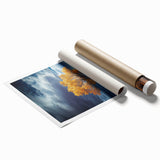 Vibrant landscape print featuring rolling fields in rich green and golden hues, elegantly rolled and packaged in a protective cardboard tube for easy display.