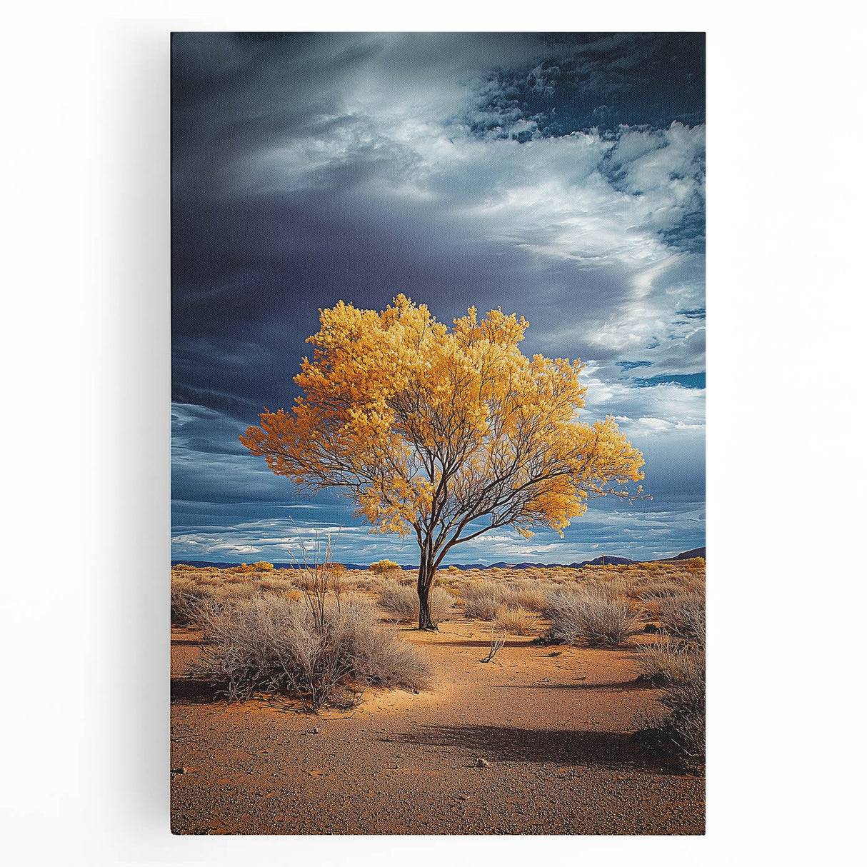 Vibrant stretched canvas artwork depicting a serene landscape with lush green fields under a clear blue sky, perfect for home or office decor.