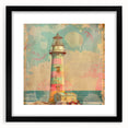 Black-framed wall art featuring a picturesque lighthouse landscape, elegantly matted, ideal for coastal-themed home decor, enhancing any living space.
