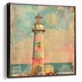 Framed canvas wall art depicting a serene lighthouse landscape in muted colors, showcasing intricate details and a sleek black frame, perfect for coastal-themed decor.