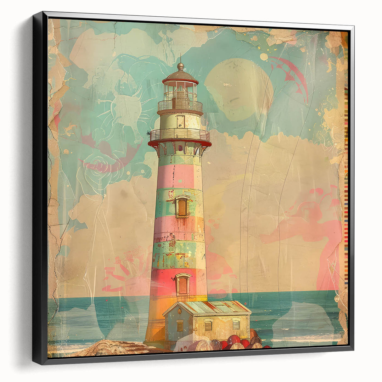 Framed canvas wall art depicting a serene lighthouse landscape in muted colors, showcasing intricate details and a sleek black frame, perfect for coastal-themed decor.
