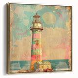 Framed canvas wall art depicting a serene lighthouse landscape in silver and gold tones, ideal for coastal-themed decor, enhancing any living space with tranquility.