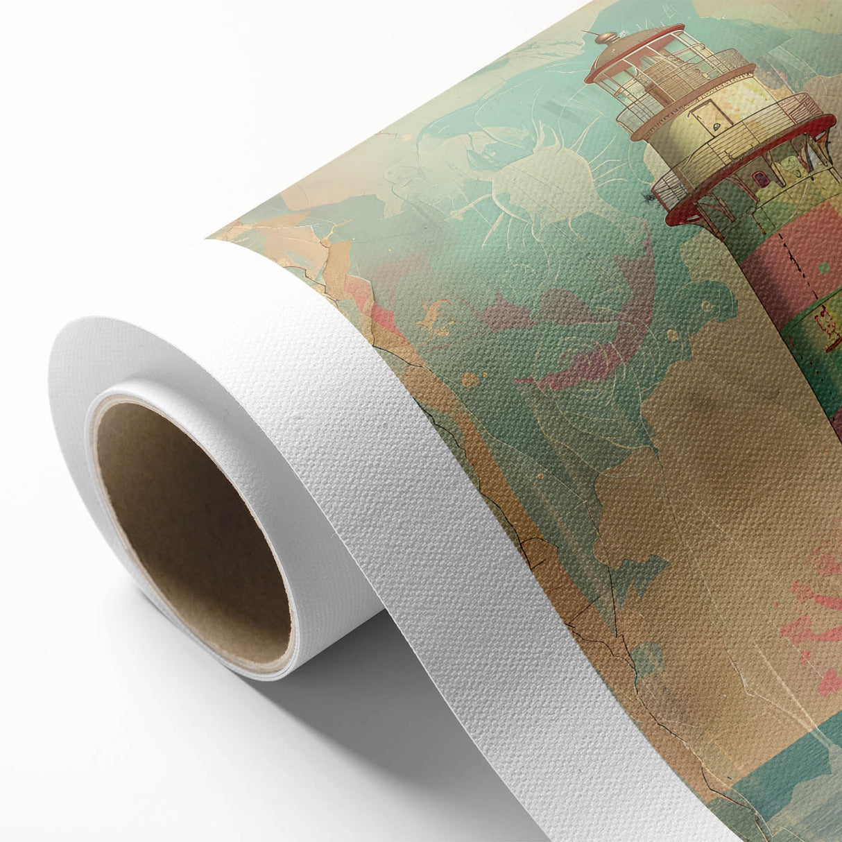 Rolled canvas featuring a serene lighthouse landscape wall art design, showcasing vibrant colors and intricate details, perfect for coastal-themed home decor.