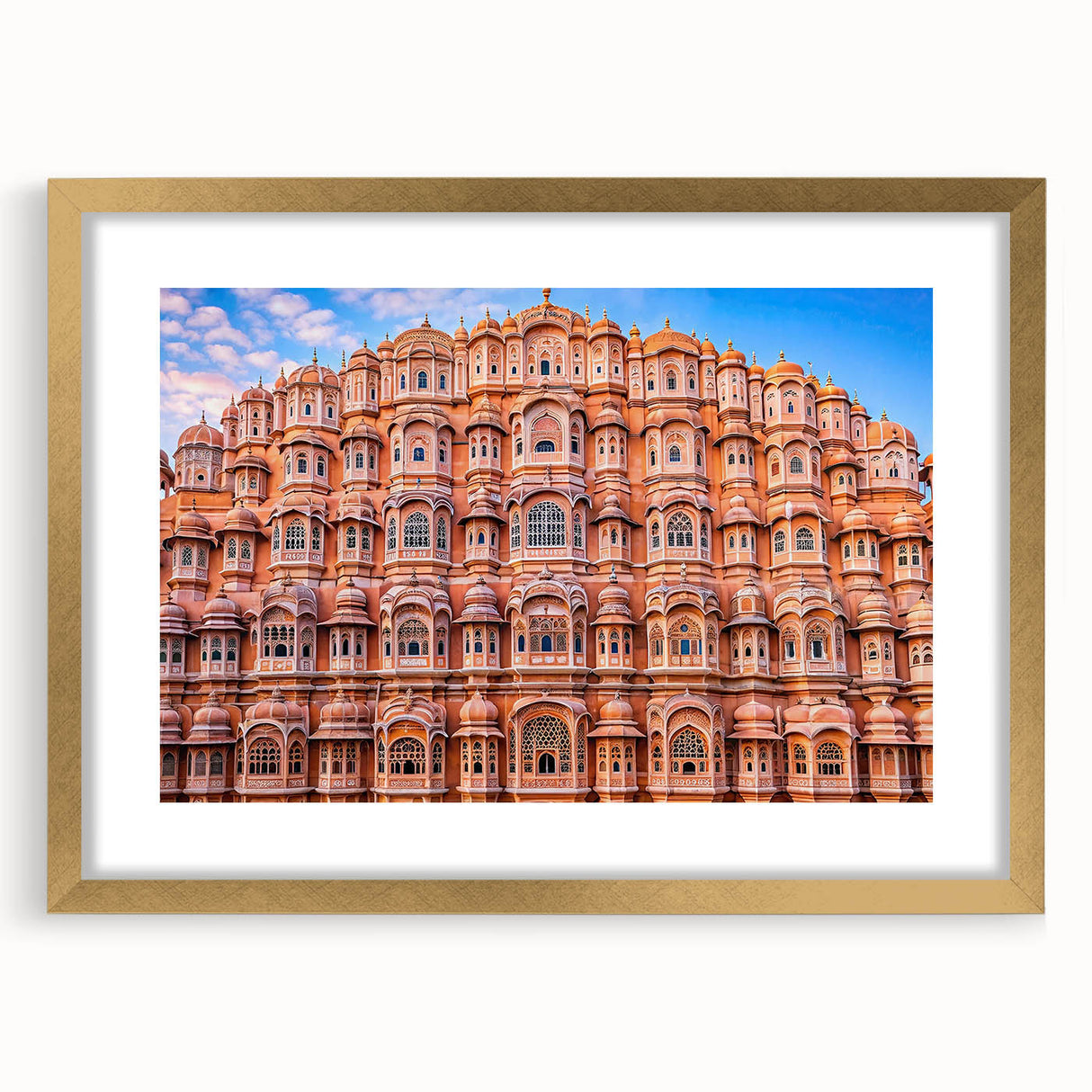Extra large abstract art print depicting a textured scenery of India in muted gold tones, framed with a mat.